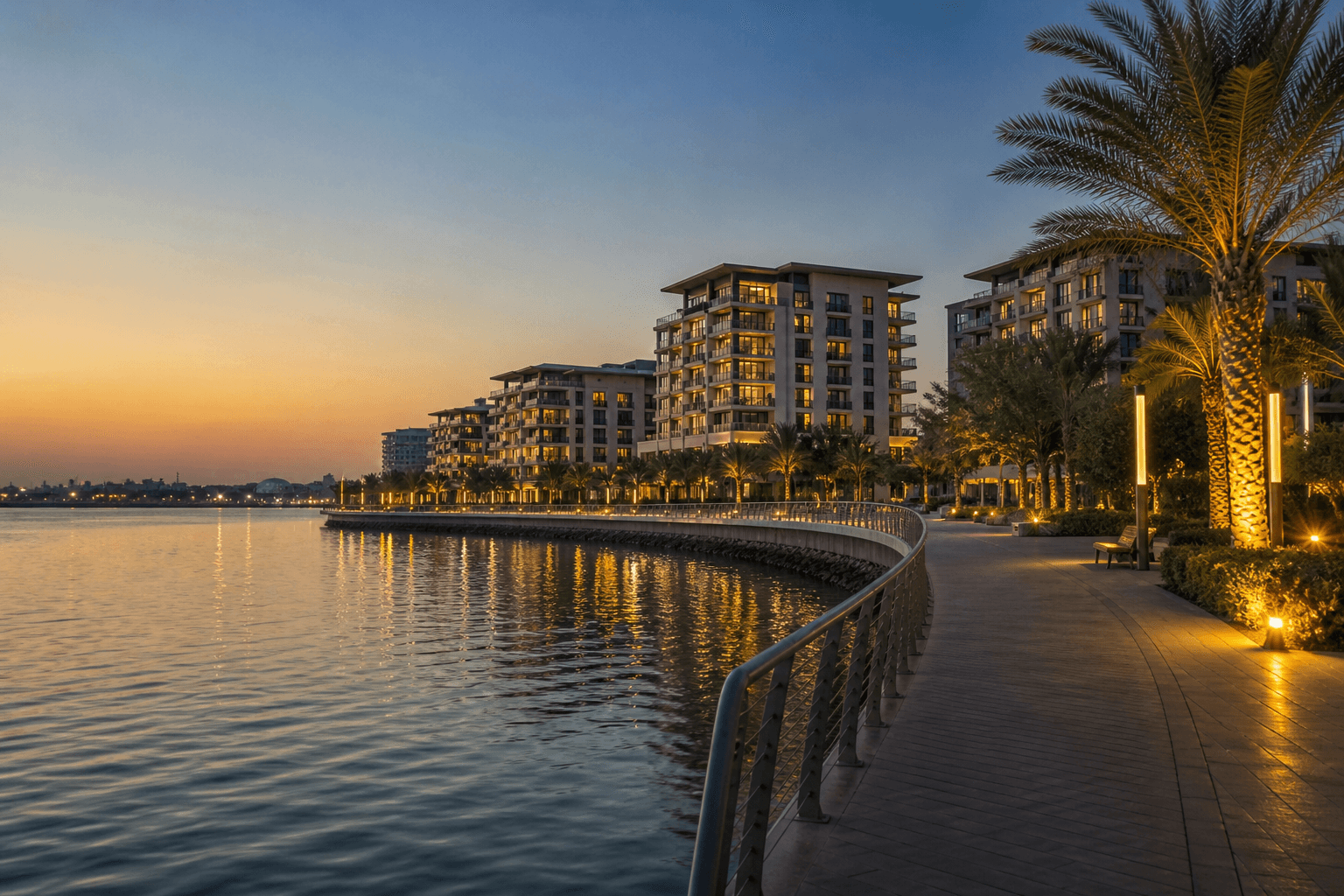 Waterfront dusk view on Yas Island, Abu Dhabi