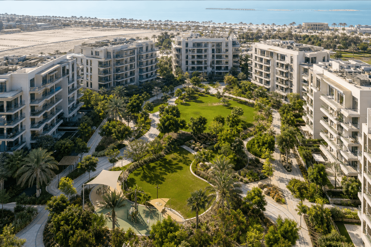 Waterfront destination imagery standing in for Fahid Beach Terraces on Fahid Island, Abu Dhabi