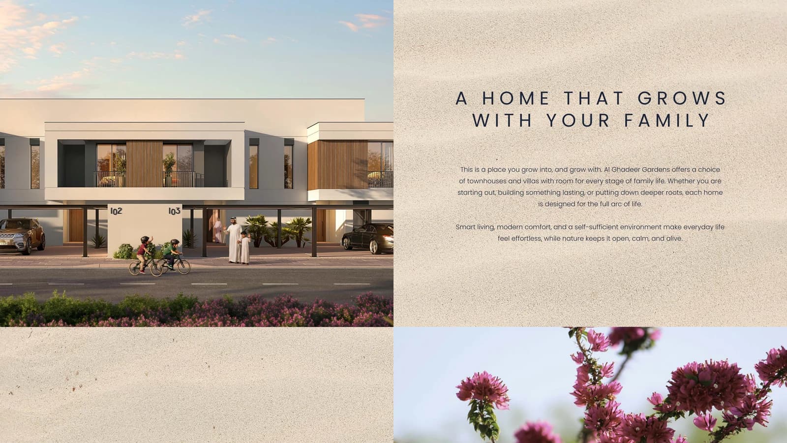 Daytime family streetscape at Al Ghadeer Gardens 2 with modern townhouses