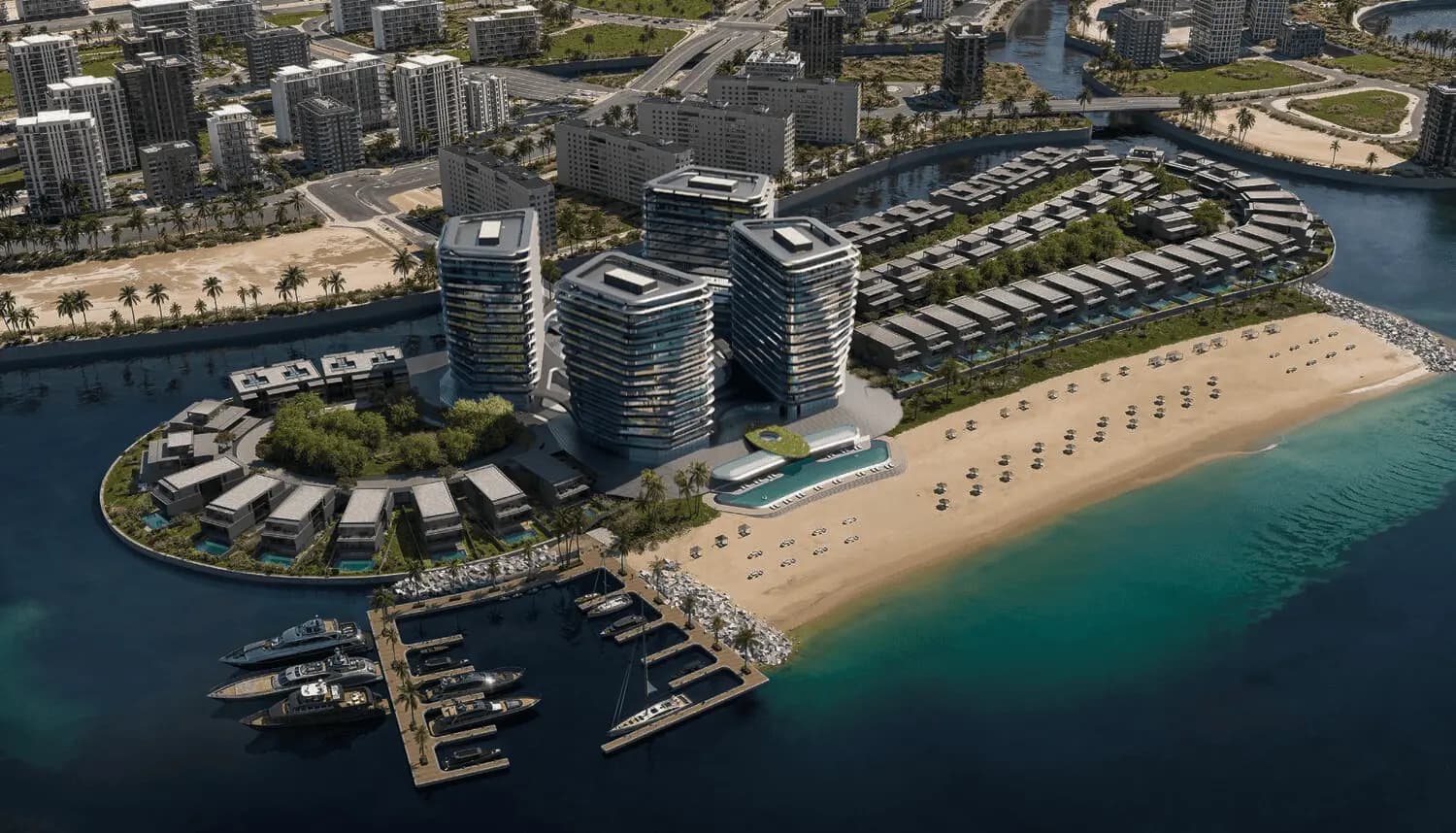 Aerial view of the four BRABUS Island towers, marina and private beach