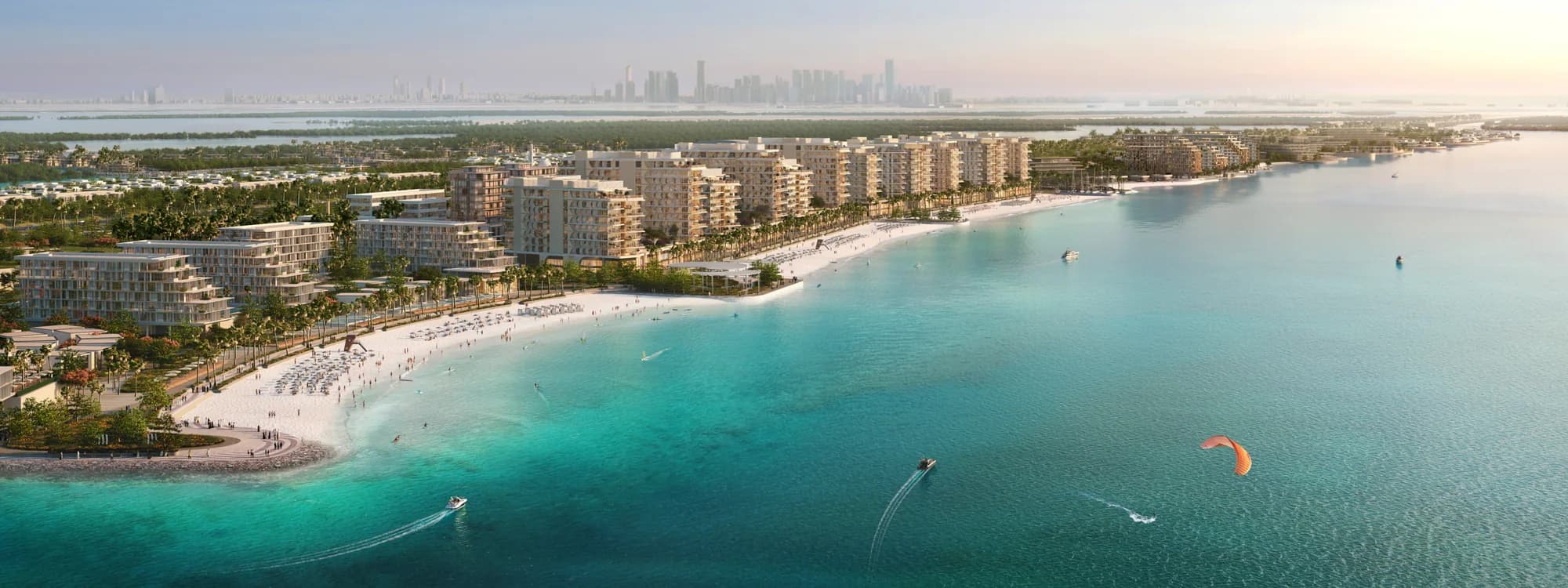 Fahid Beach Residences shoreline, seven mid-rise buildings on Fahid Island, Abu Dhabi