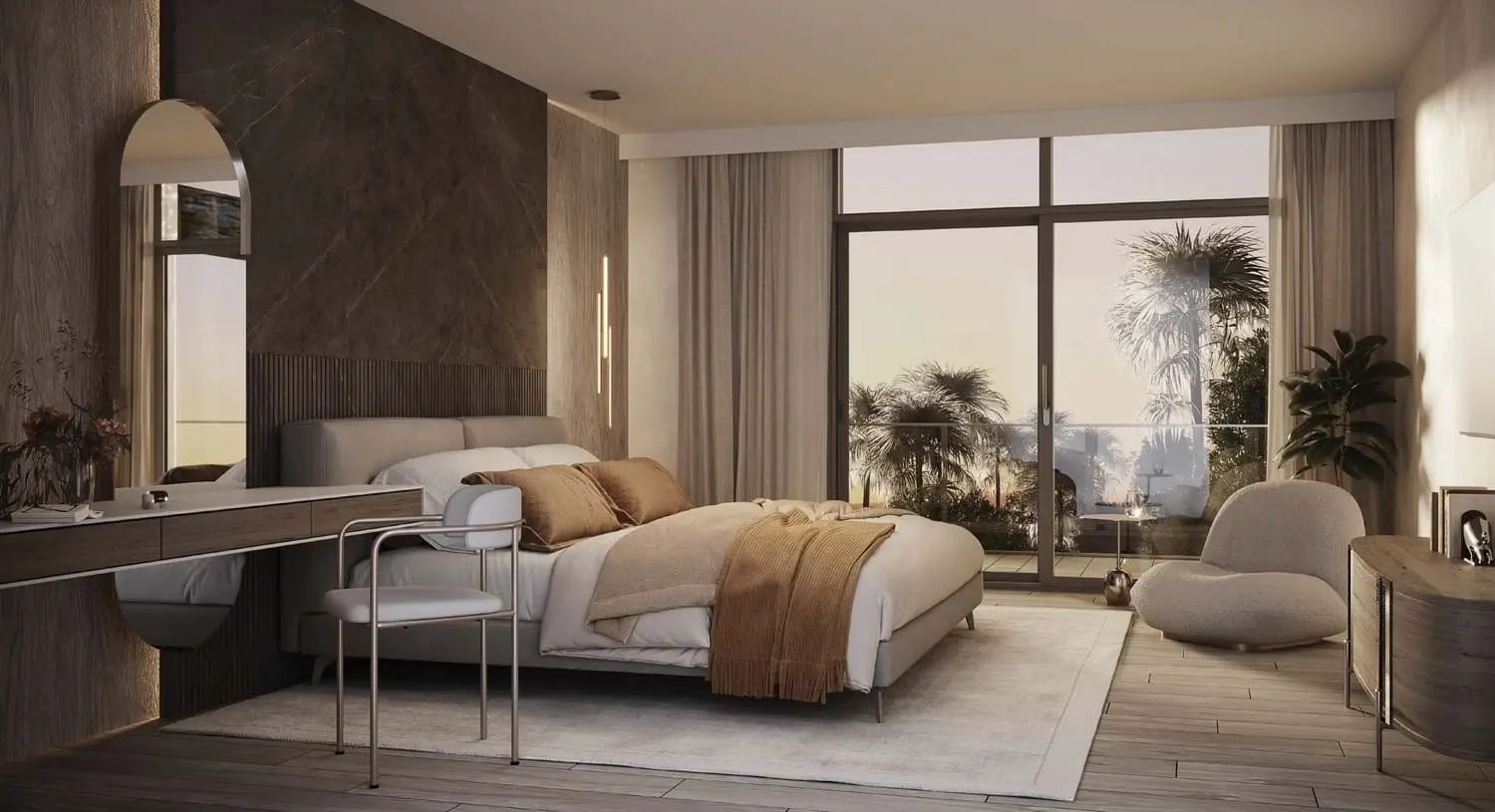 Kayan Villas Rawya bedroom with landscaped garden outlook at Al Jurf