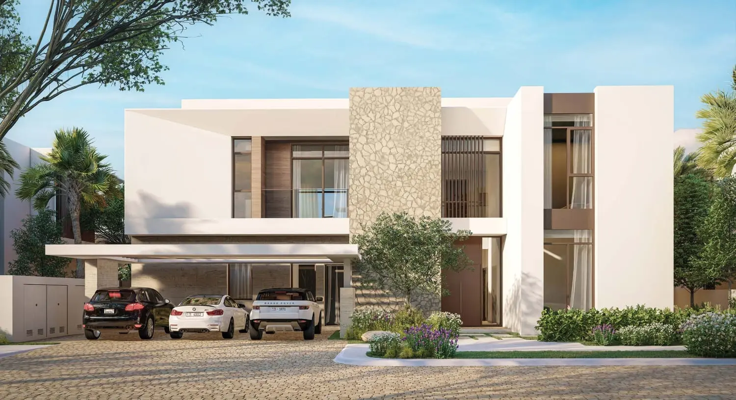 Kayan Villas Rawya facade with natural stone detail and shaded entrance