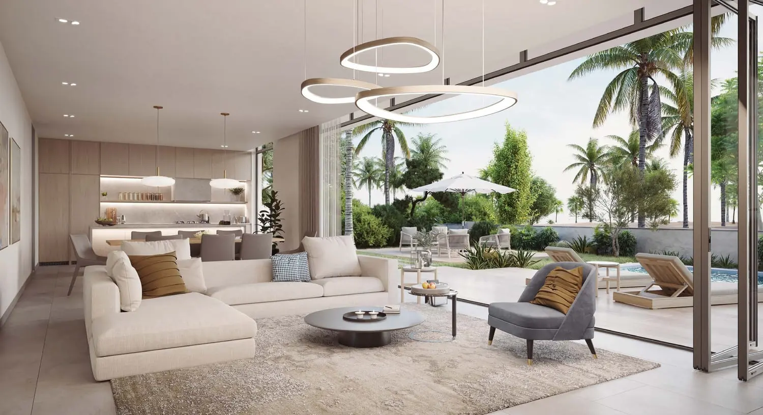 Kayan Villas Rawya open-plan living room facing the private garden and pool