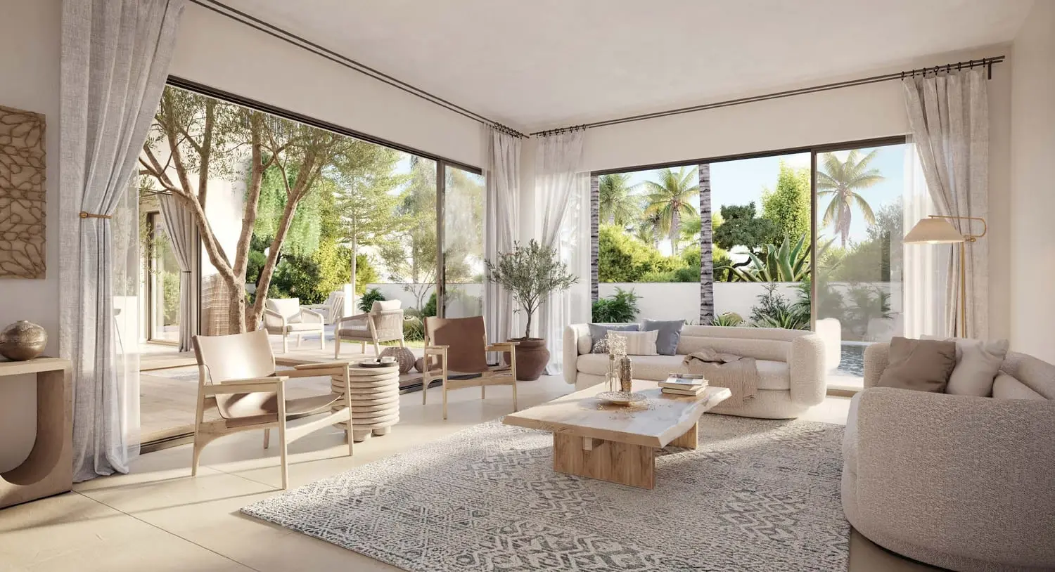 Kayan Villas Rawya open-plan living room with floor-to-ceiling windows, Al Jurf