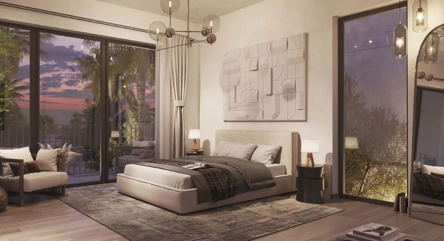 Kayan Villas Rihal bedroom with courtyard views at dusk