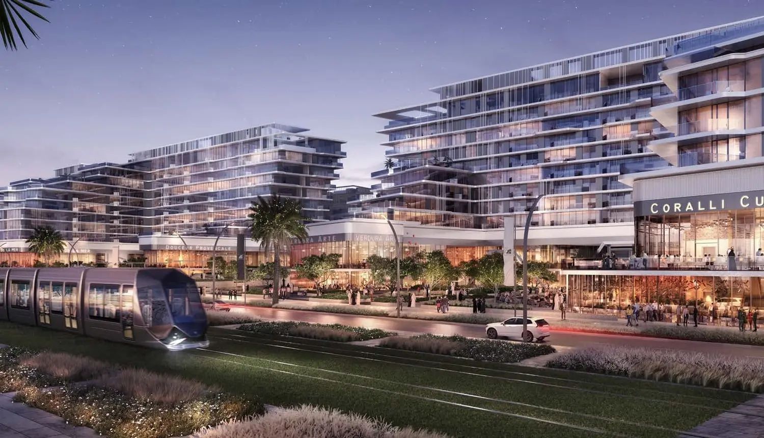 Louvre Abu Dhabi Residences dusk exterior and tram at Saadiyat Grove by Aldar on Saadiyat Island, Abu Dhabi