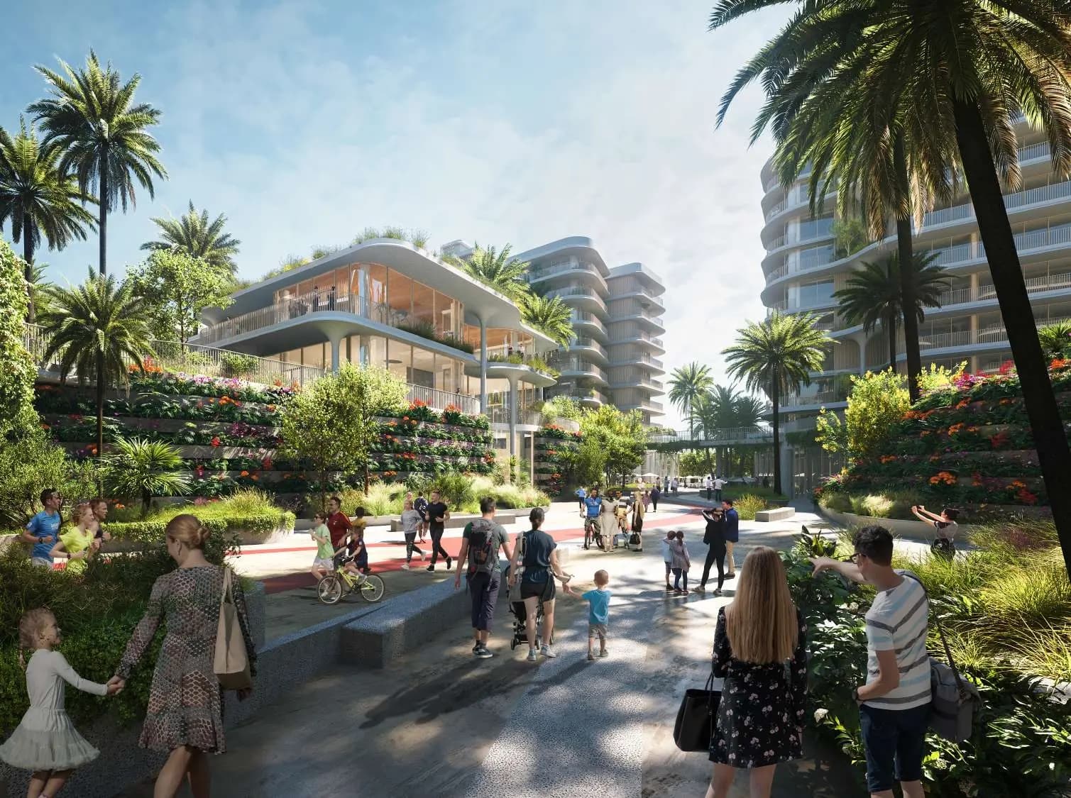 Pedestrian plaza and landscaped gardens at Mamsha Gardens on Mamsha Al Saadiyat, Saadiyat Island, Abu Dhabi