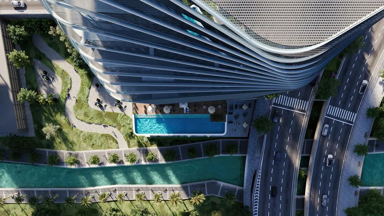 Aerial view of Marlin Icon showing pool deck and canal promenade, Al Reem Island