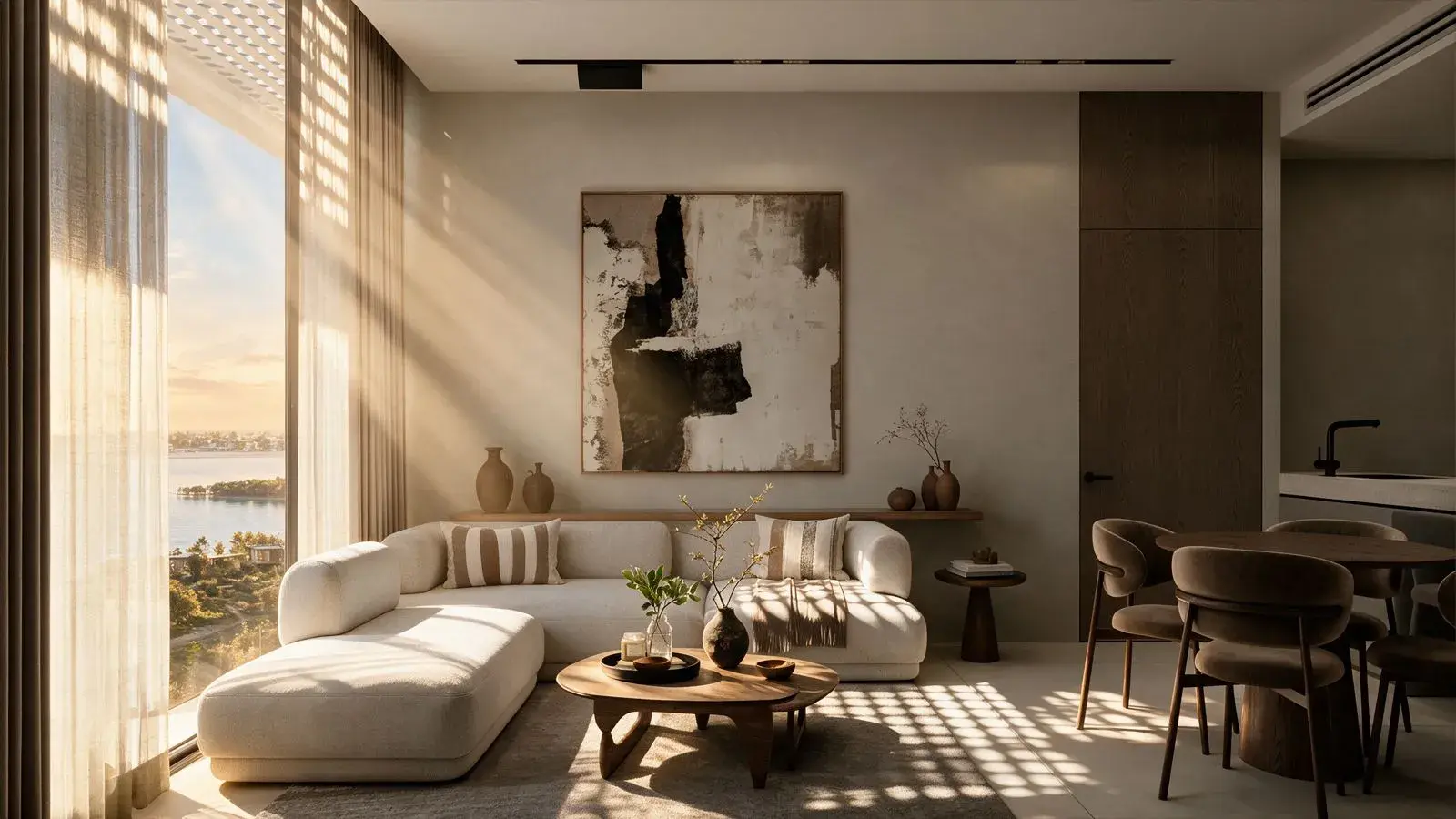 Marlin Icon living room with neutral interior palette and floor-to-ceiling windows, Al Reem Island