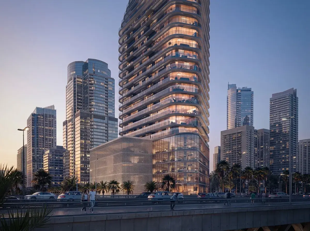 Marlin Icon tower at dusk on Al Reem Island, Abu Dhabi