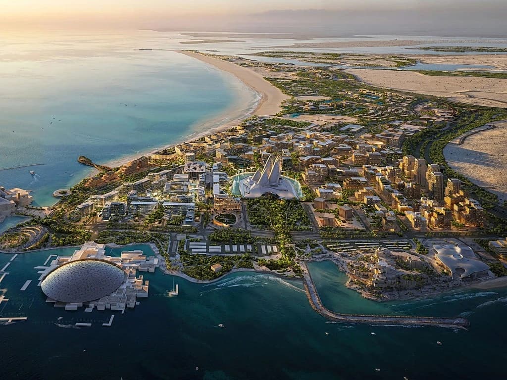 Aerial view of the Saadiyat Cultural District and museum quarter on Saadiyat Island, Abu Dhabi, beside Marsa Al Saadiyat