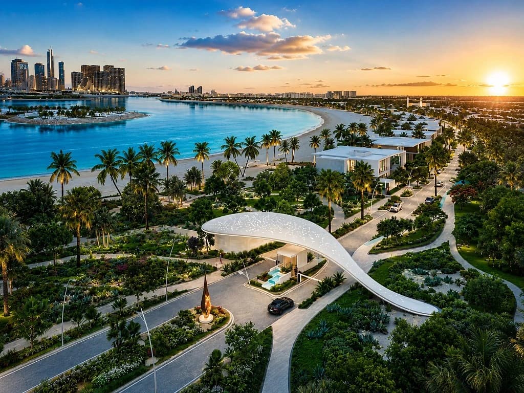 Resort entrance at sunset at Marsa Al Saadiyat on Saadiyat Island, Abu Dhabi
