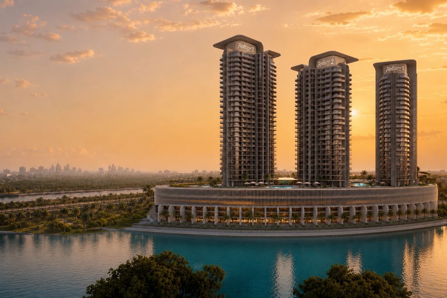 Radisson Residences Al Reem Island Abu Dhabi three towers waterfront podium exterior rendering