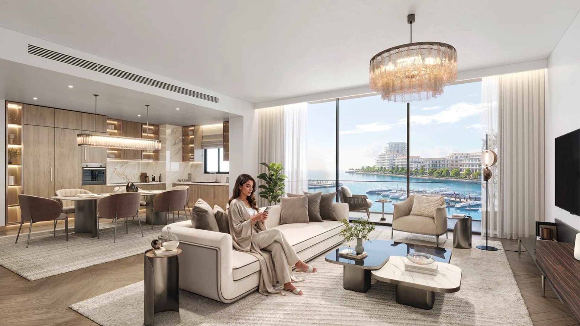 Ramhan Marina residence apartment living room with channel views at Ramhan Island, Abu Dhabi