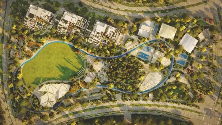 Aerial masterplan of Sama Yas showing three buildings, private park, and exercise track on Yas Island