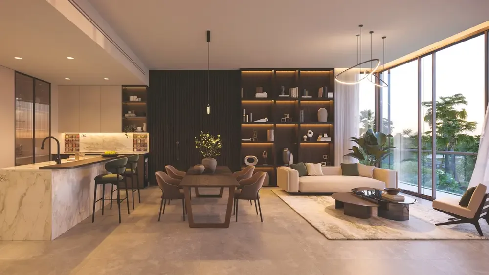Open-plan living, dining, and kitchen interior at Sama Yas on Yas Island, Abu Dhabi