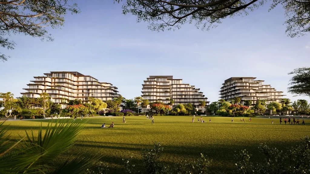 Three low-rise buildings facing the private park at Sama Yas on Yas Island, Abu Dhabi