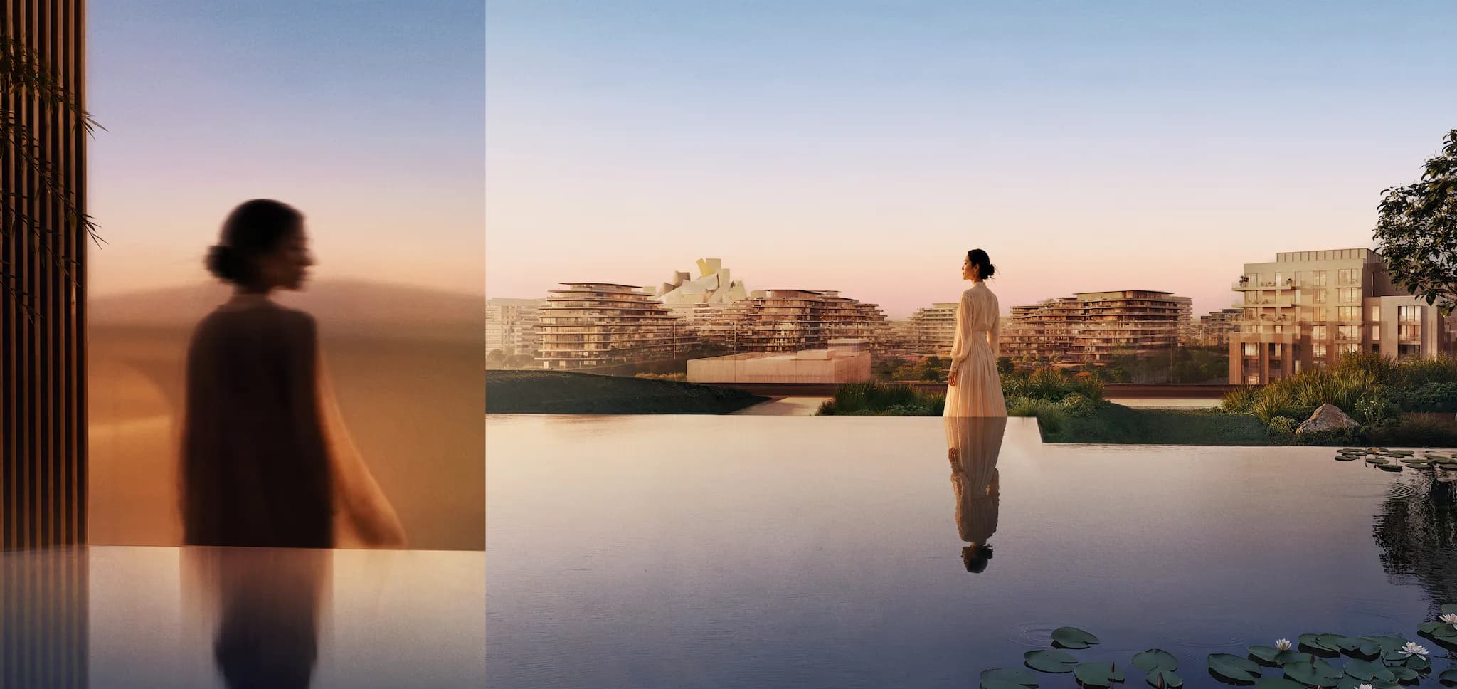 Sei Saadiyat infinity pool with Guggenheim Abu Dhabi on the horizon, Saadiyat Island
