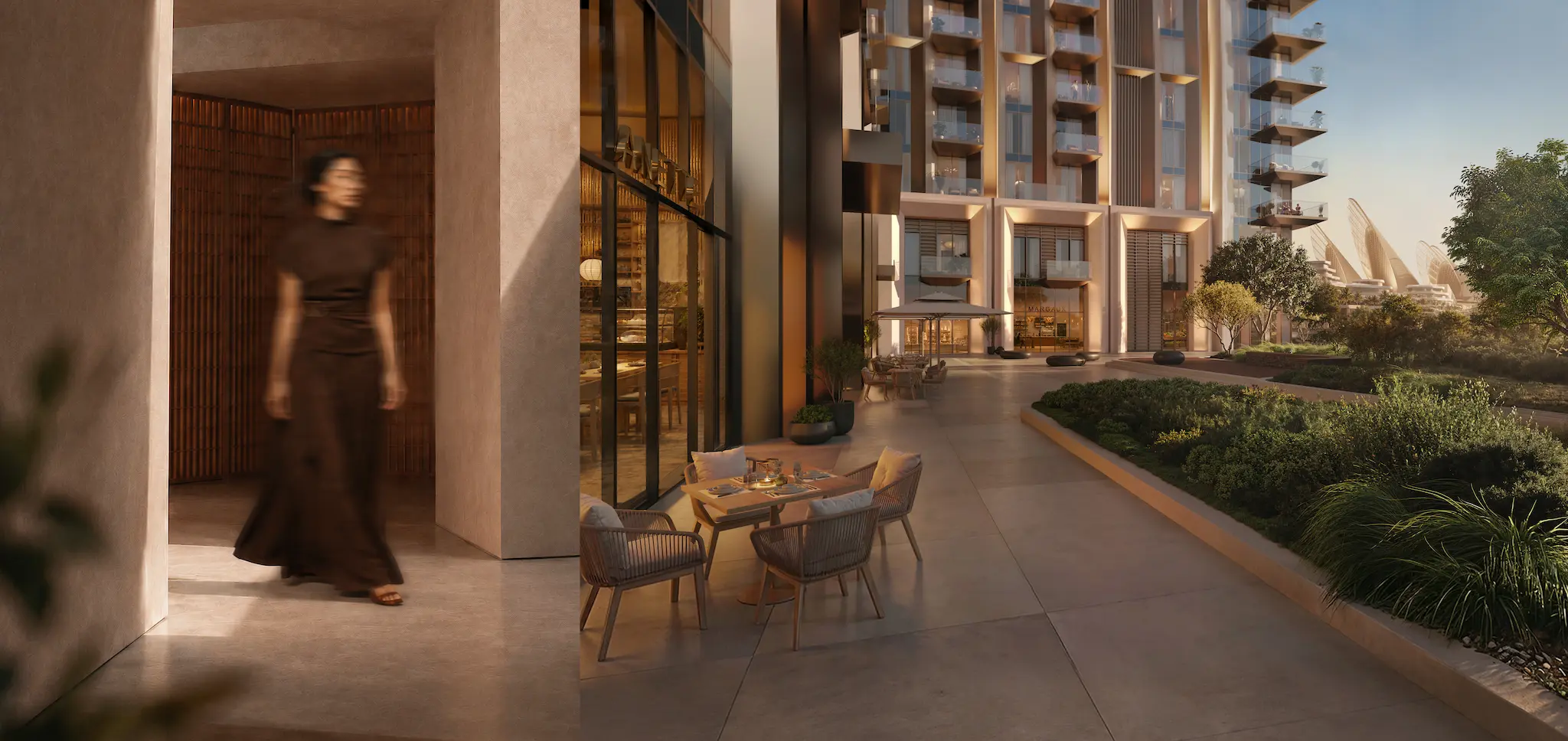 Sei Saadiyat residences plaza with Zayed National Museum beyond, Saadiyat Cultural District, Abu Dhabi