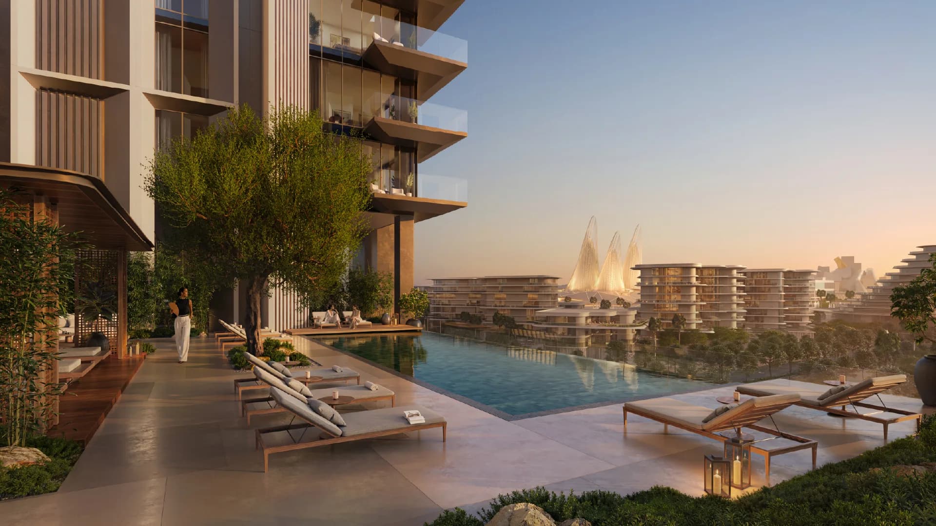 Sei Saadiyat rooftop pool looking toward Zayed National Museum in Saadiyat Cultural District, Abu Dhabi