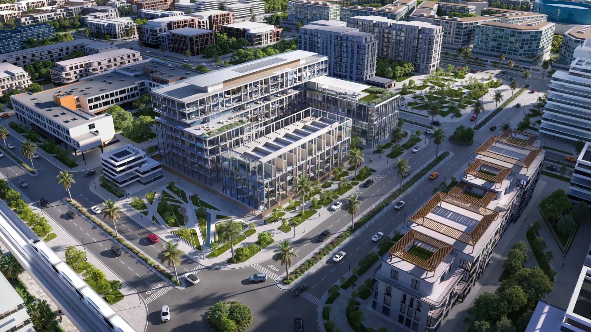 Aerial architectural rendering of Sensi by Reportage on Saadiyat Island, Abu Dhabi, with landscaped plaza and tram line in the Saadiyat Cultural District