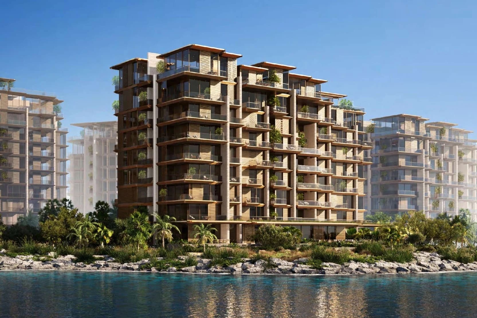 Classic | Gulf-facing elevation, Low-rise Solaya towers facing the Arabian Gulf at La Mer, Dubai