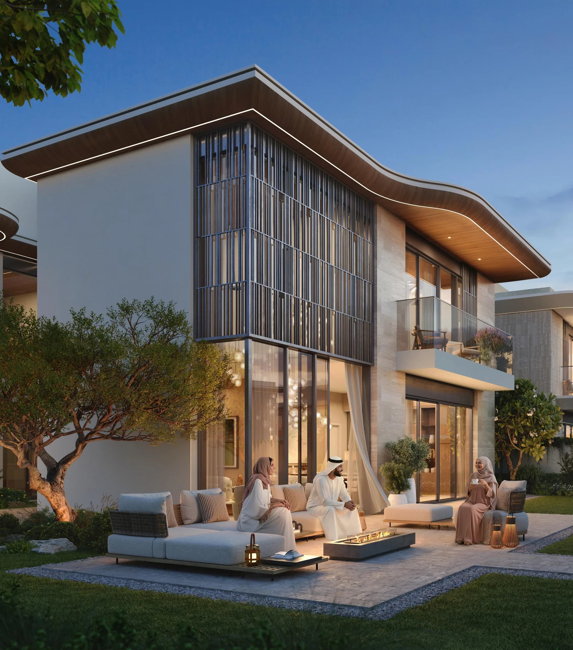 Talay villa private garden at dusk, Marsa Al Saadiyat, Saadiyat Island