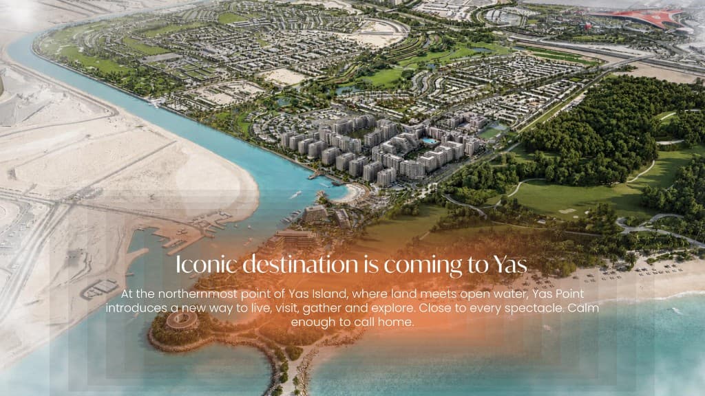 Aerial view of Yas Point waterfront masterplan near Ferrari World on Yas Island Abu Dhabi