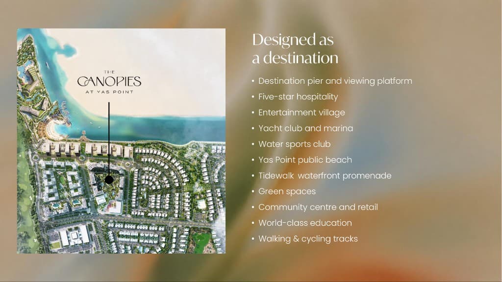 Aerial masterplan pin for The Canopies at Yas Point with destination amenities list