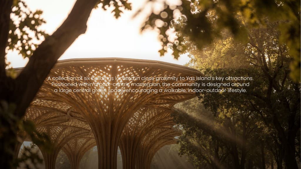 Architectural canopy pavilion in landscaped park at The Canopies Yas Island
