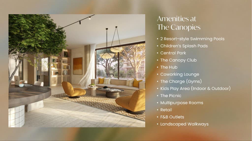 Amenities lounge interior and amenities list at The Canopies at Yas Point