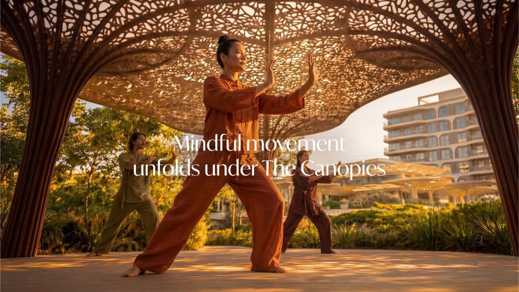 Residents practising mindful movement under architectural canopy at The Canopies