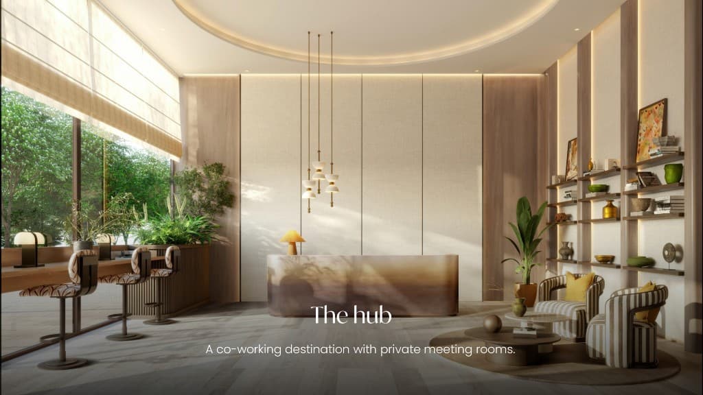The Hub coworking lounge at The Canopies at Yas Point with meeting rooms