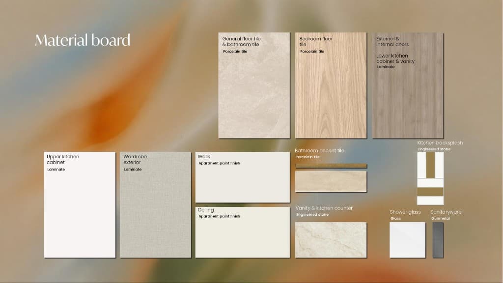 Material board finishes porcelain wood laminate stone for The Canopies apartments