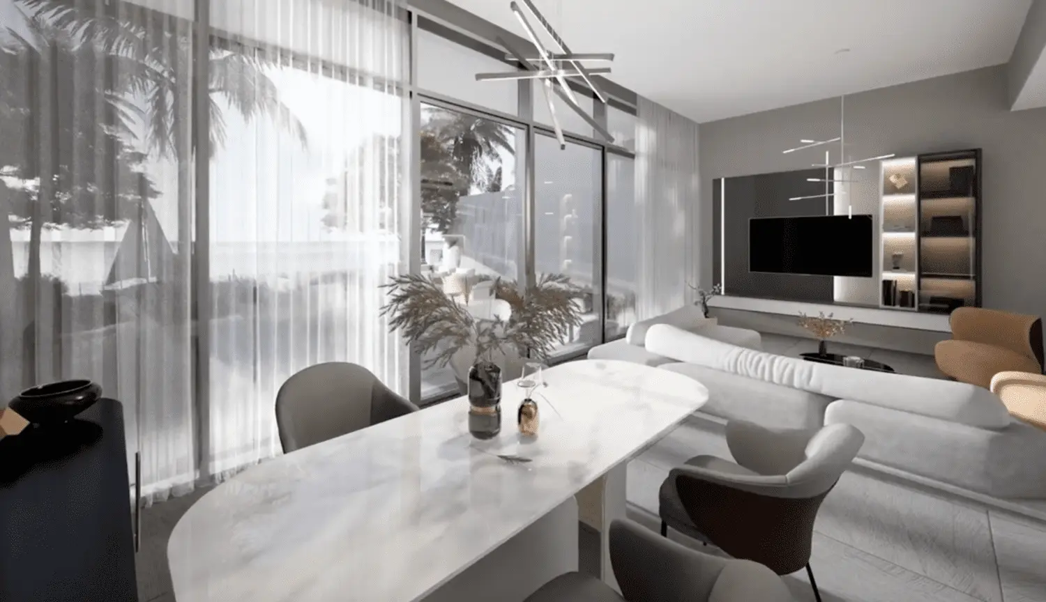 Dining and living space in an Icon Tower apartment at Yas Bay