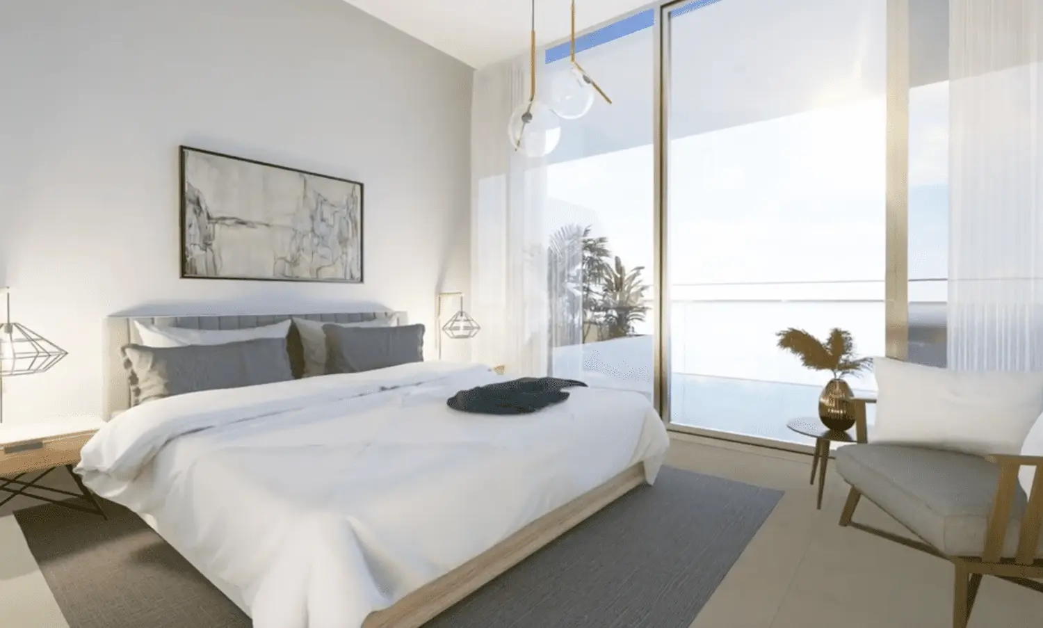 Bedroom with waterfront glazing at The Icon Tower Yas Bay