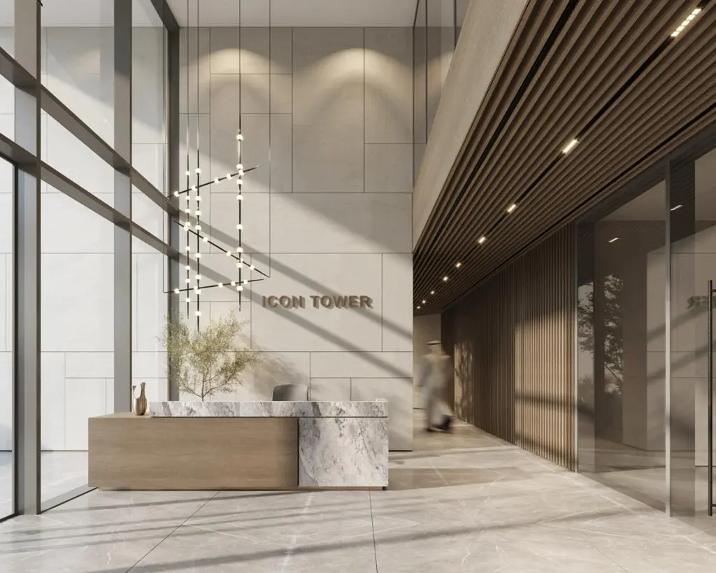 Double-height lobby at The Icon Tower, Yas Bay, Yas Island