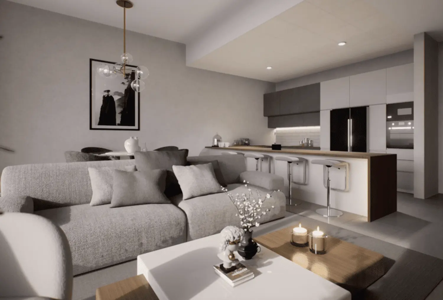 Open-plan kitchen and lounge inside The Icon Tower Yas Island