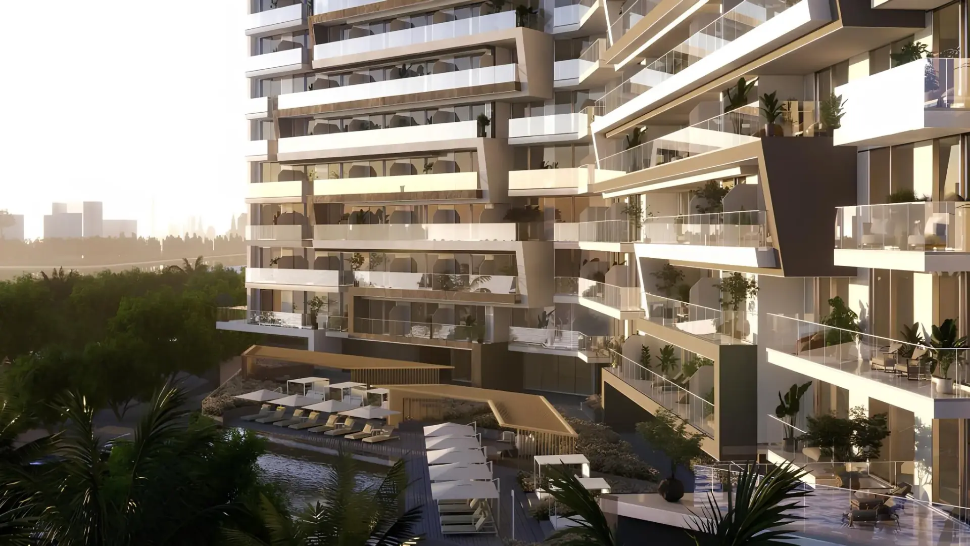 Pool terrace and residences at The Icon Tower by Advanced Properties, Yas Bay