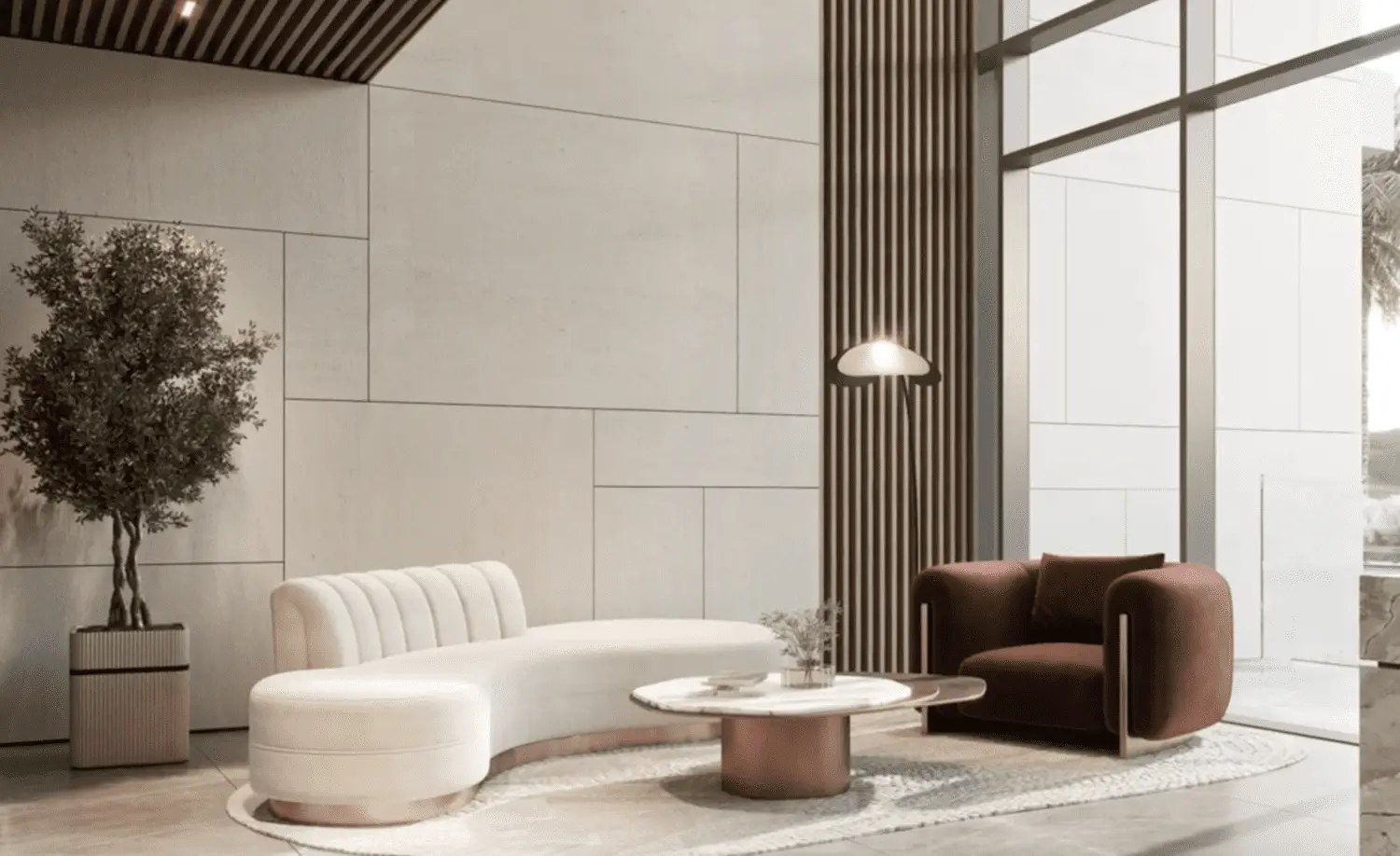 Minimalist residence lounge interior at The Icon Tower Yas Island