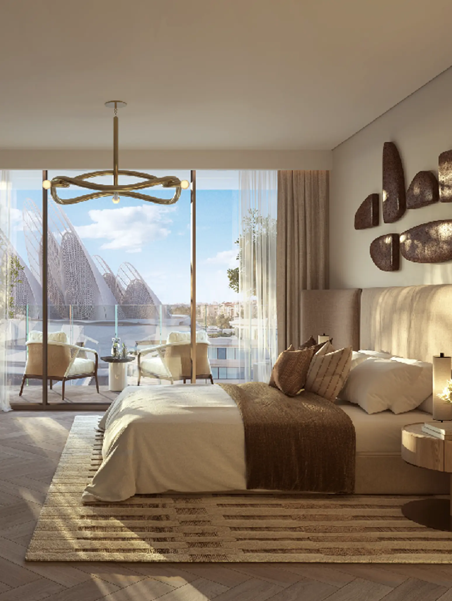 The Row Saadiyat by Aldar in the Saadiyat Cultural District on Saadiyat Island, Abu Dhabi: evening elevation