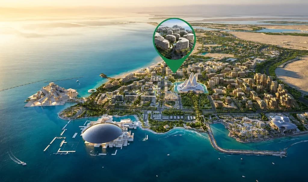 Aerial view locating The Row Saadiyat in the Saadiyat Cultural District on Saadiyat Island, Abu Dhabi