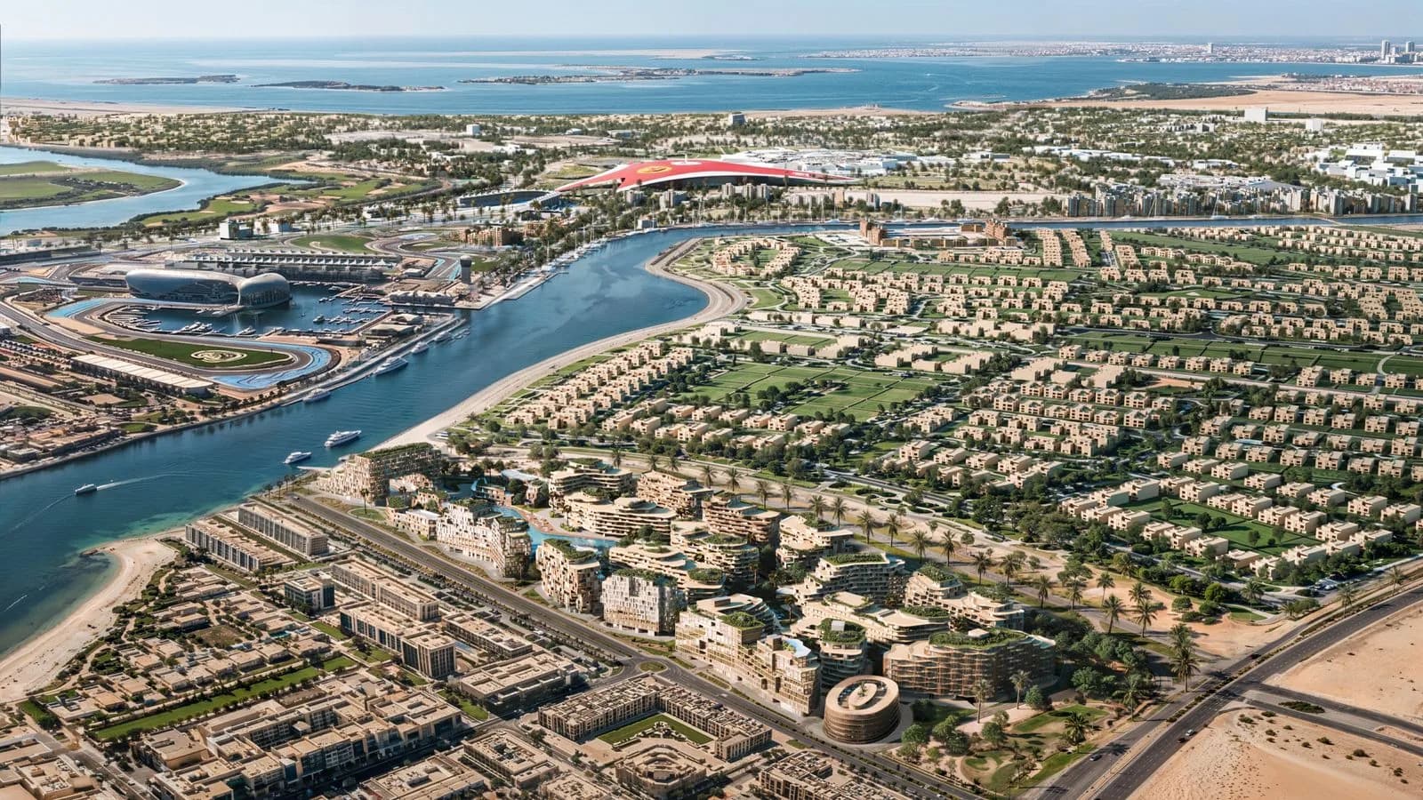Aerial view of The Wadi on the Yas Canal in Abu Dhabi, adjacent to Yas Island leisure landmarks visible across the water rather than as the project address