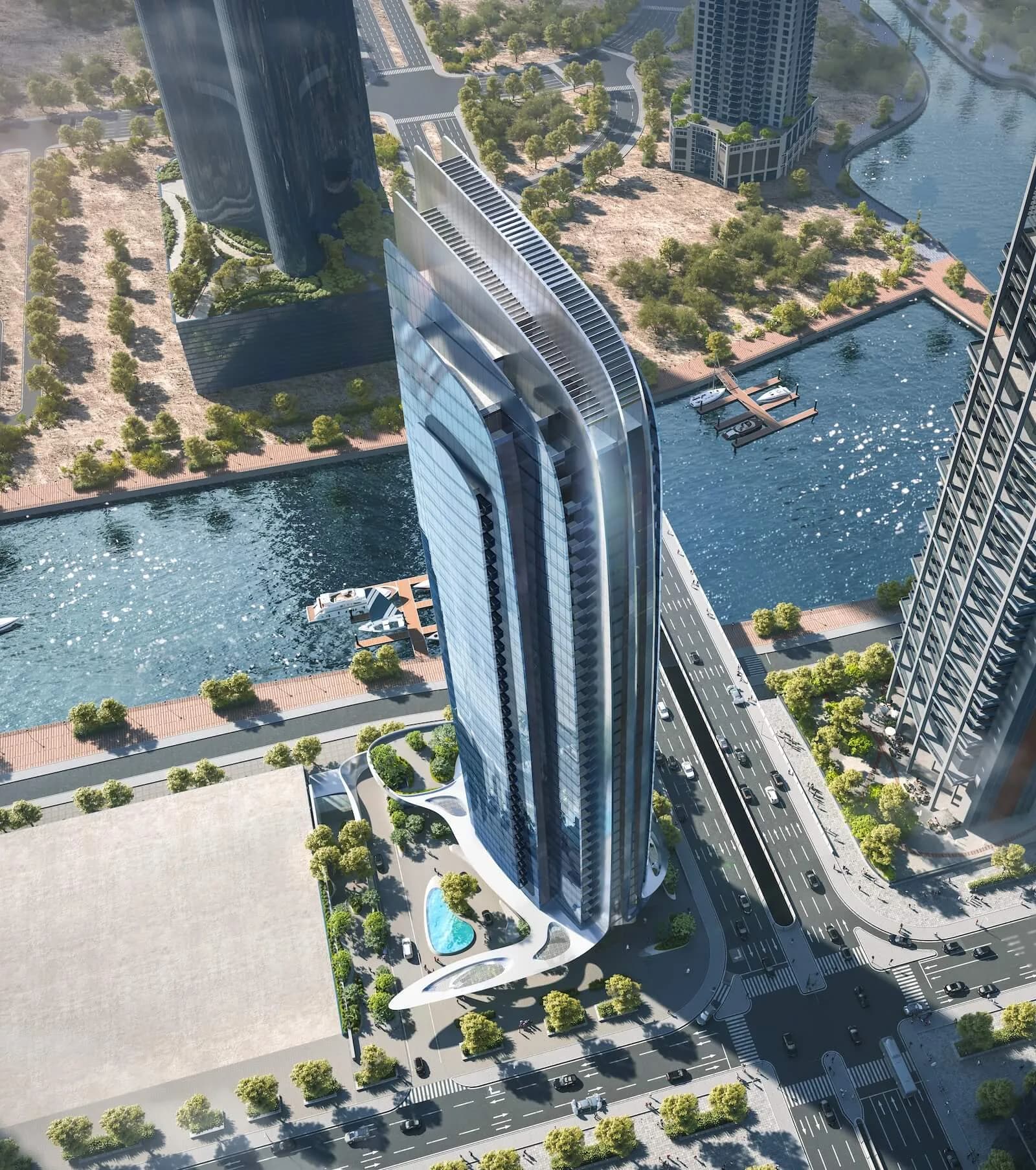 Aerial view of W Residences Abu Dhabi, Al Maryah Island beside the canal