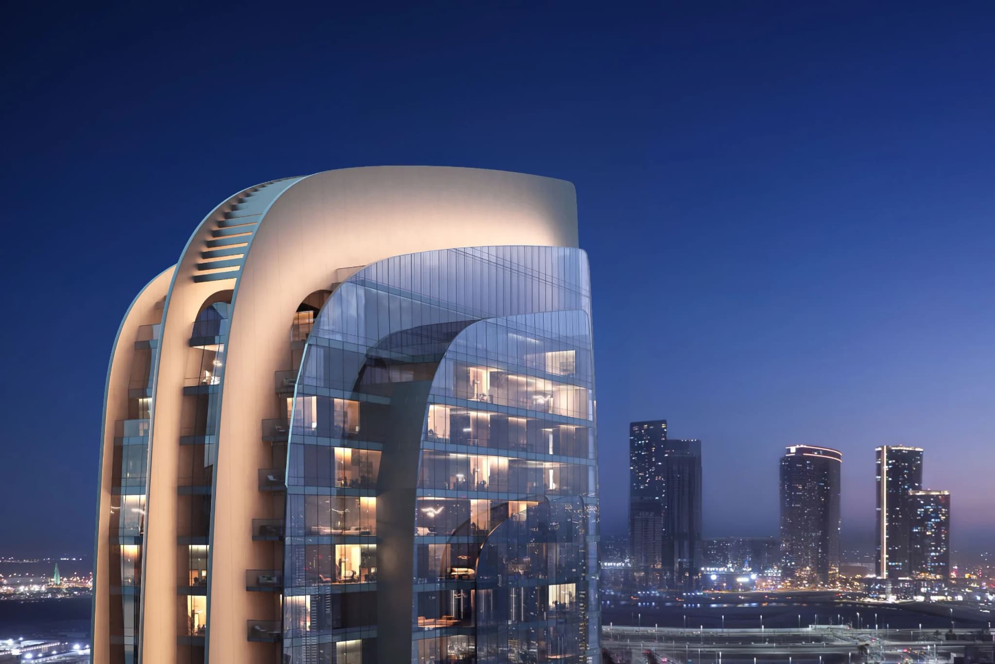 Dhow-inspired tower at dusk at W Residences Abu Dhabi, Al Maryah Island