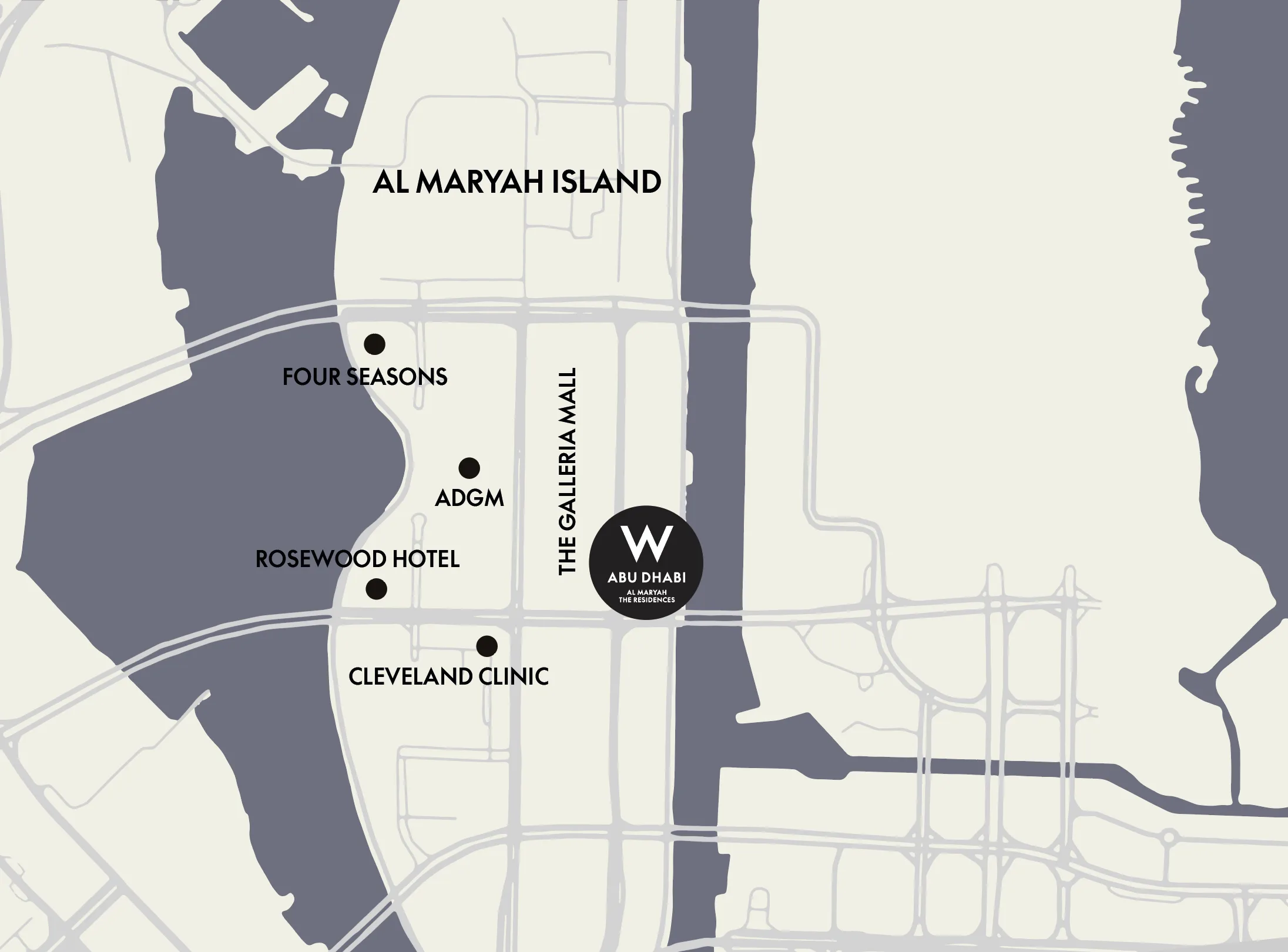 Map showing W Residences on Al Maryah Island in Abu Dhabi
