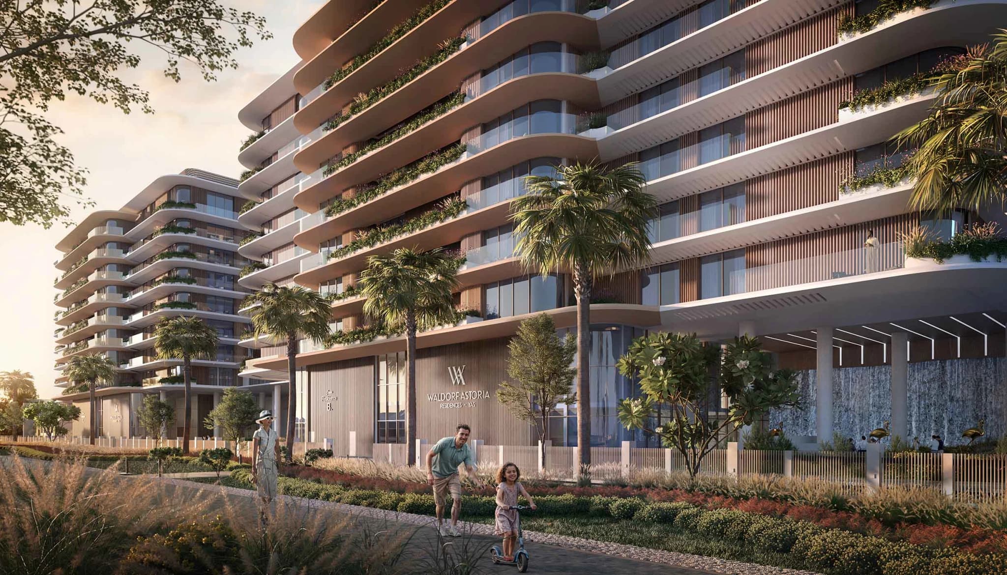 Waldorf Astoria Residences Yas exterior on Yas Island, Abu Dhabi, by Aldar Properties and Hilton, with golf and marina views