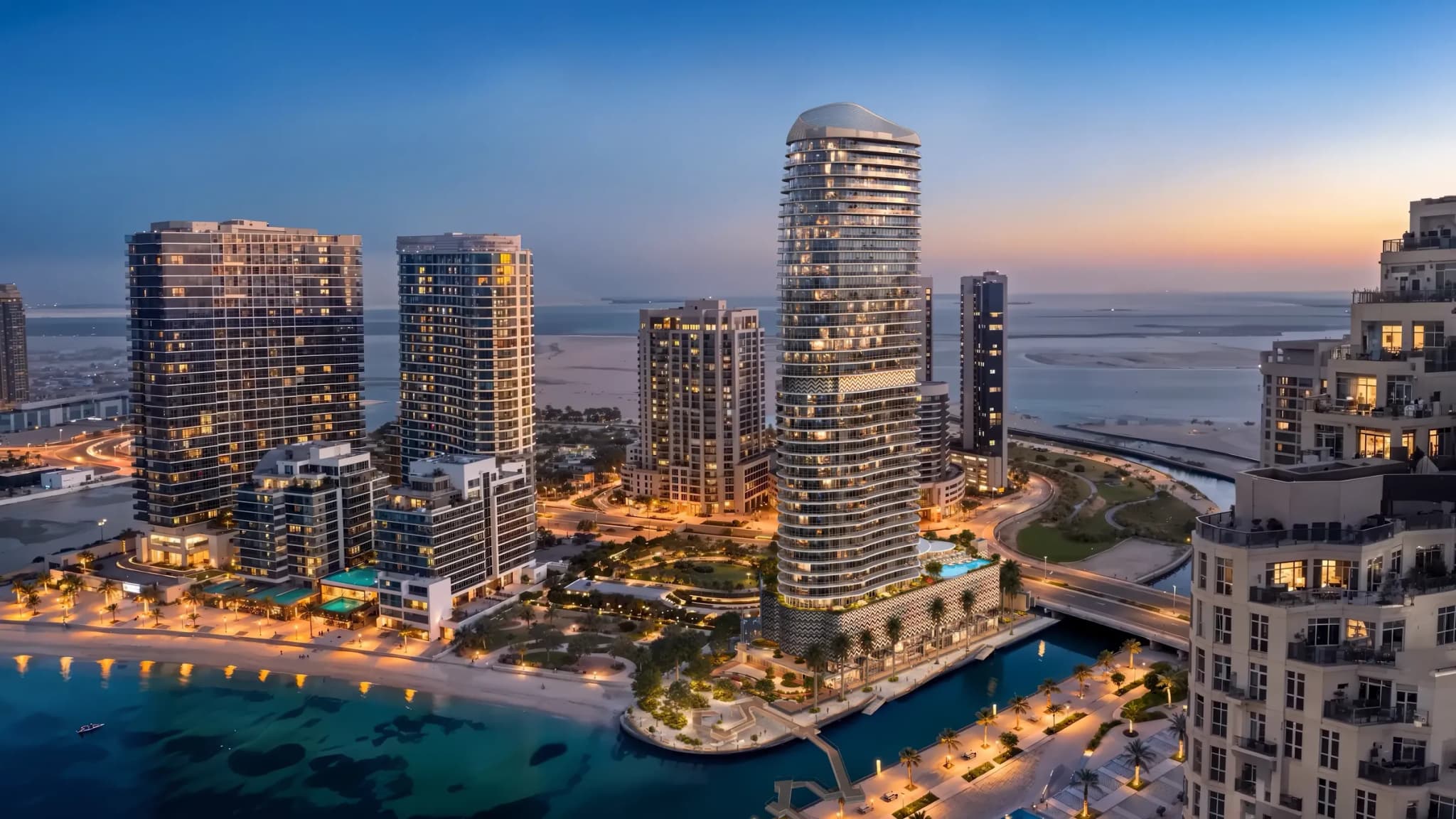 Waterfront by Missoni and the Al Reem Island skyline at night, Shams Abu Dhabi