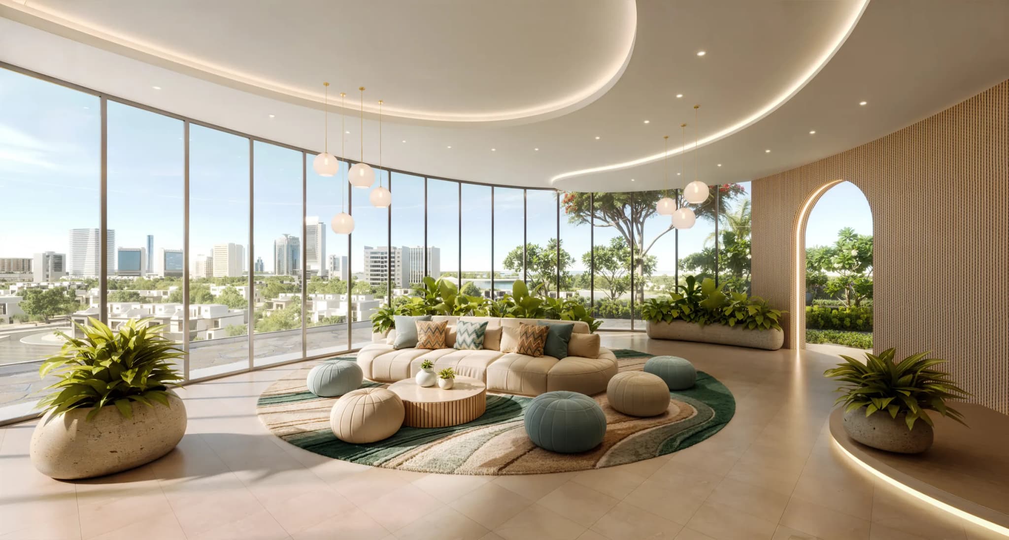 Clubhouse lounge with curved glazing and a skyline view at Waterfront by Missoni, Shams Abu Dhabi, Al Reem Island
